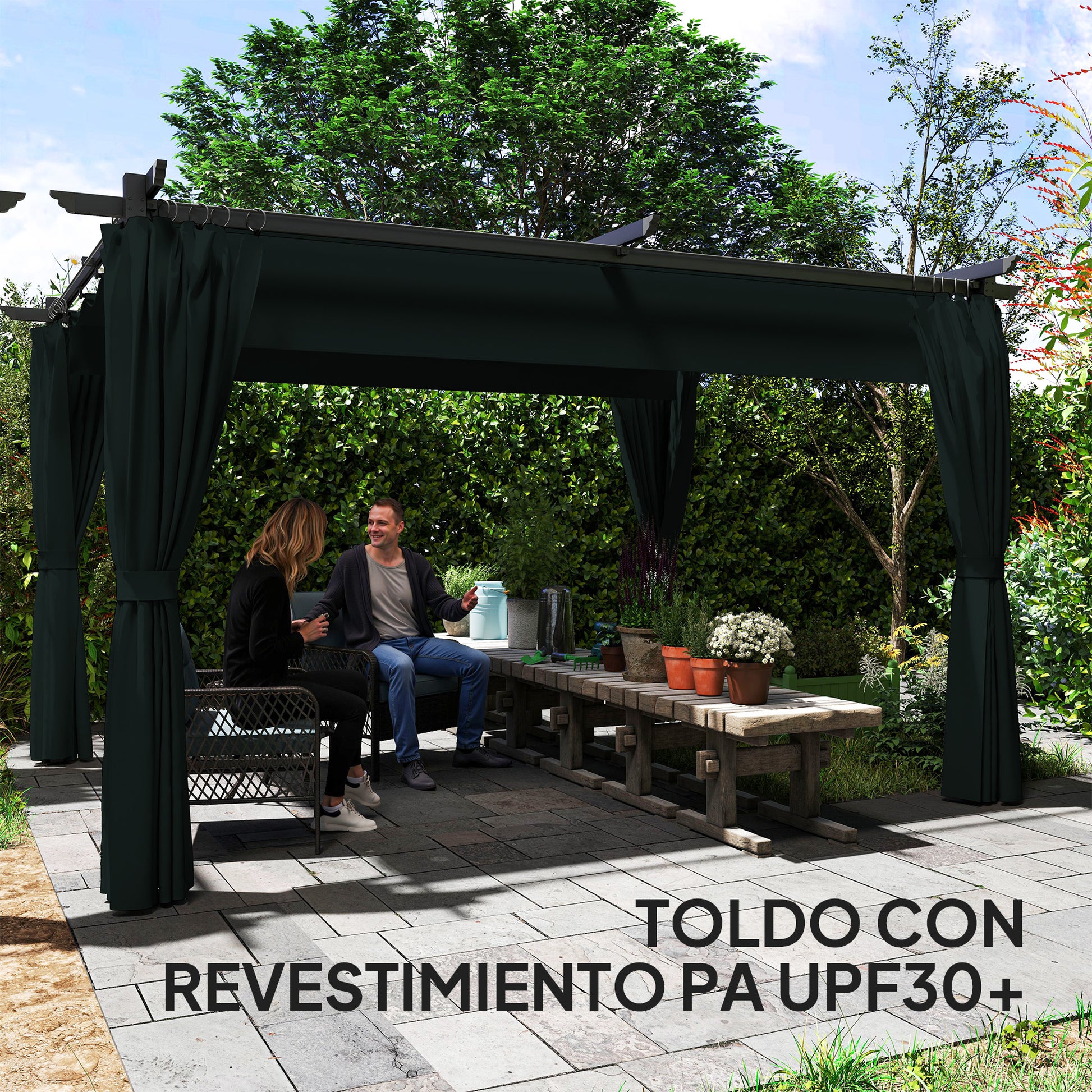 Outsunny Pérgola Con Techo Retráctil 4x3 M Paredes Laterales Anti-uv Gris Oscuro_5
