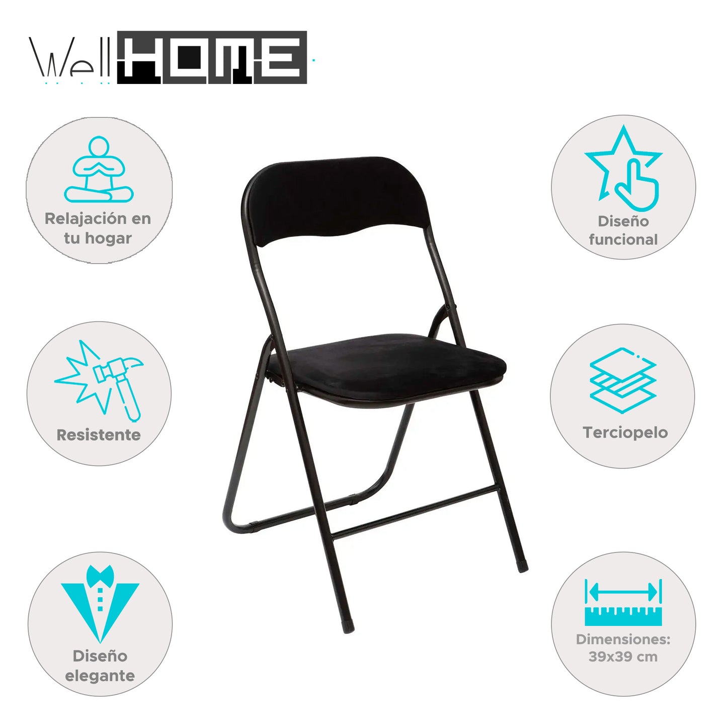 Well Home - Silla Plegable De Terciopelo Negro_1