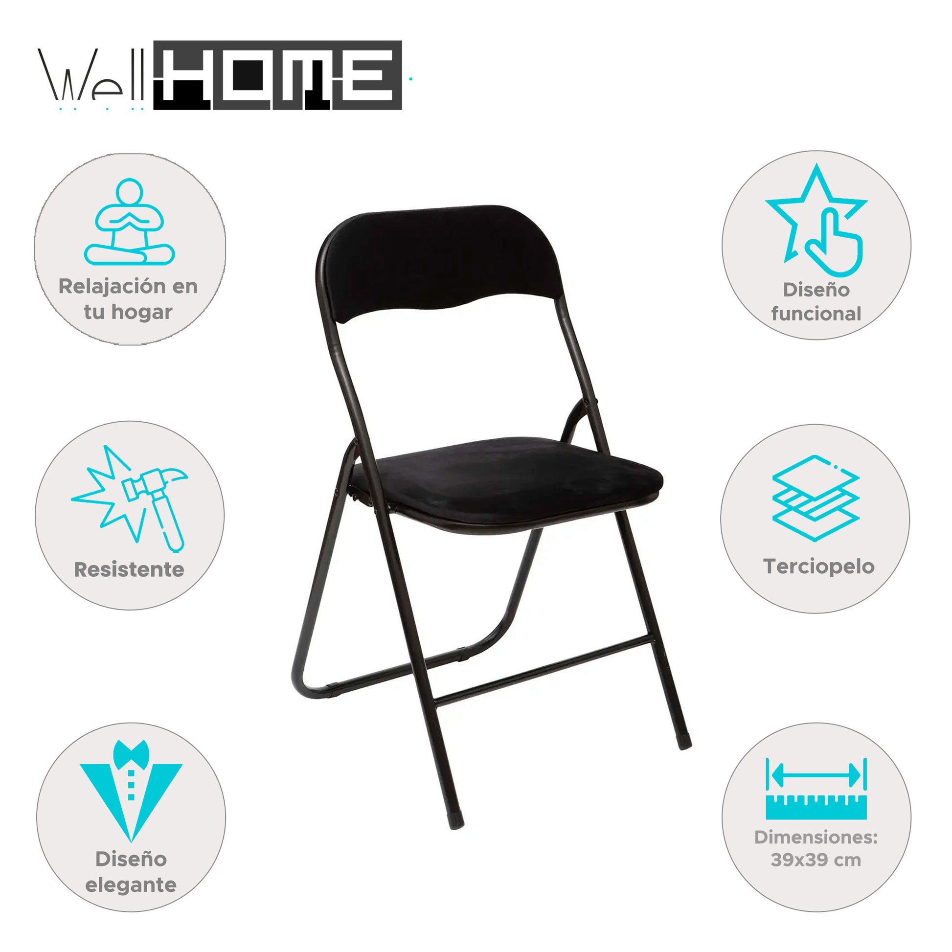 Well Home - Silla Plegable De Terciopelo Negro_1