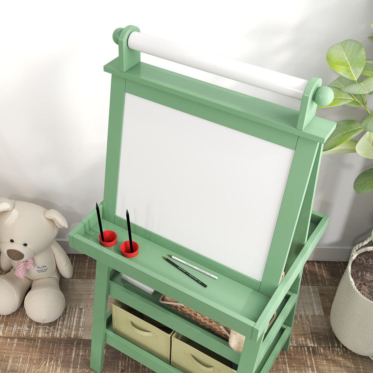 Aiyaplay Pizarra Infantil Caballete 3 En 1 Con Rollo De Papel Y Cestas Verde_3