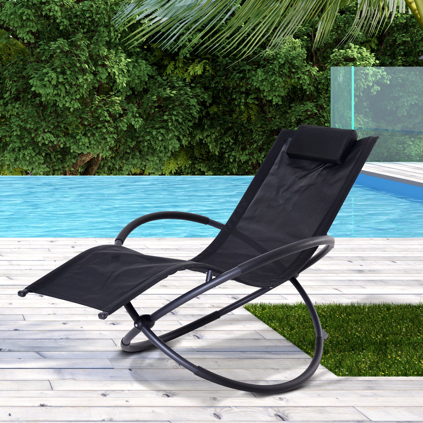 Outsunny Tumbona Mecedora De Jardín Plegable Con Reposacabezas 154x80x84cm Negro_1