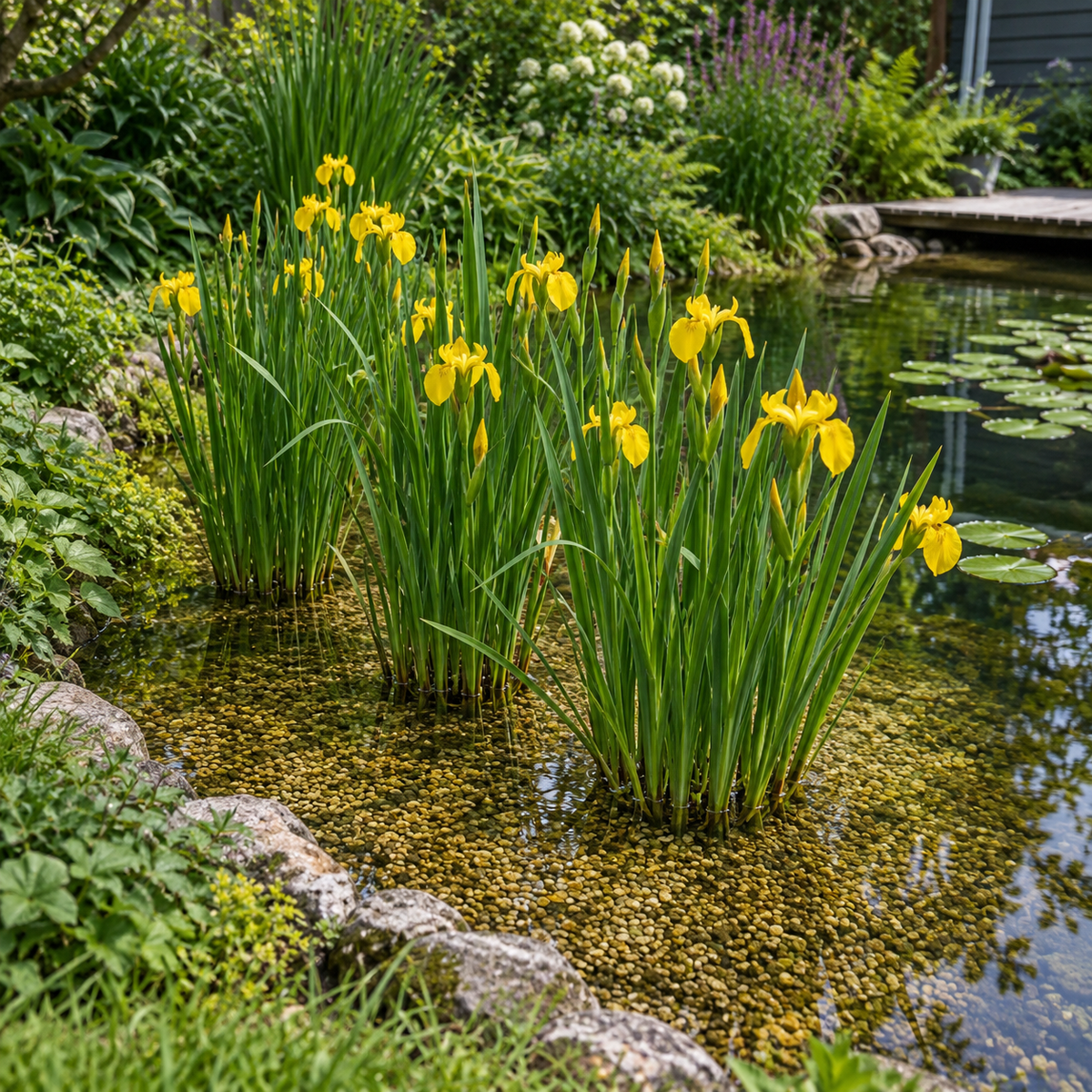 Lirio Amarillo Iris Pseudacorus Estanque - Set 4 Plantas Con Cesta Y Sustrato_1