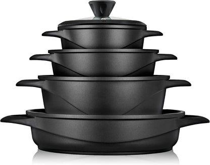 Briebe Batería De Cocina Inducción 8 Piezas Aluminio Fundido 4 Ollas Con Tapa De Cristal Antiadherente, Mgk-17s, Negro_0