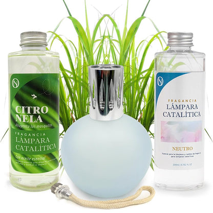 Pack Lámpara Catalítica Azul Grisáceo Mate + Fragancia Citronela 500ml + Limpiador Neutro 200ml + Mecha Repuesto_0