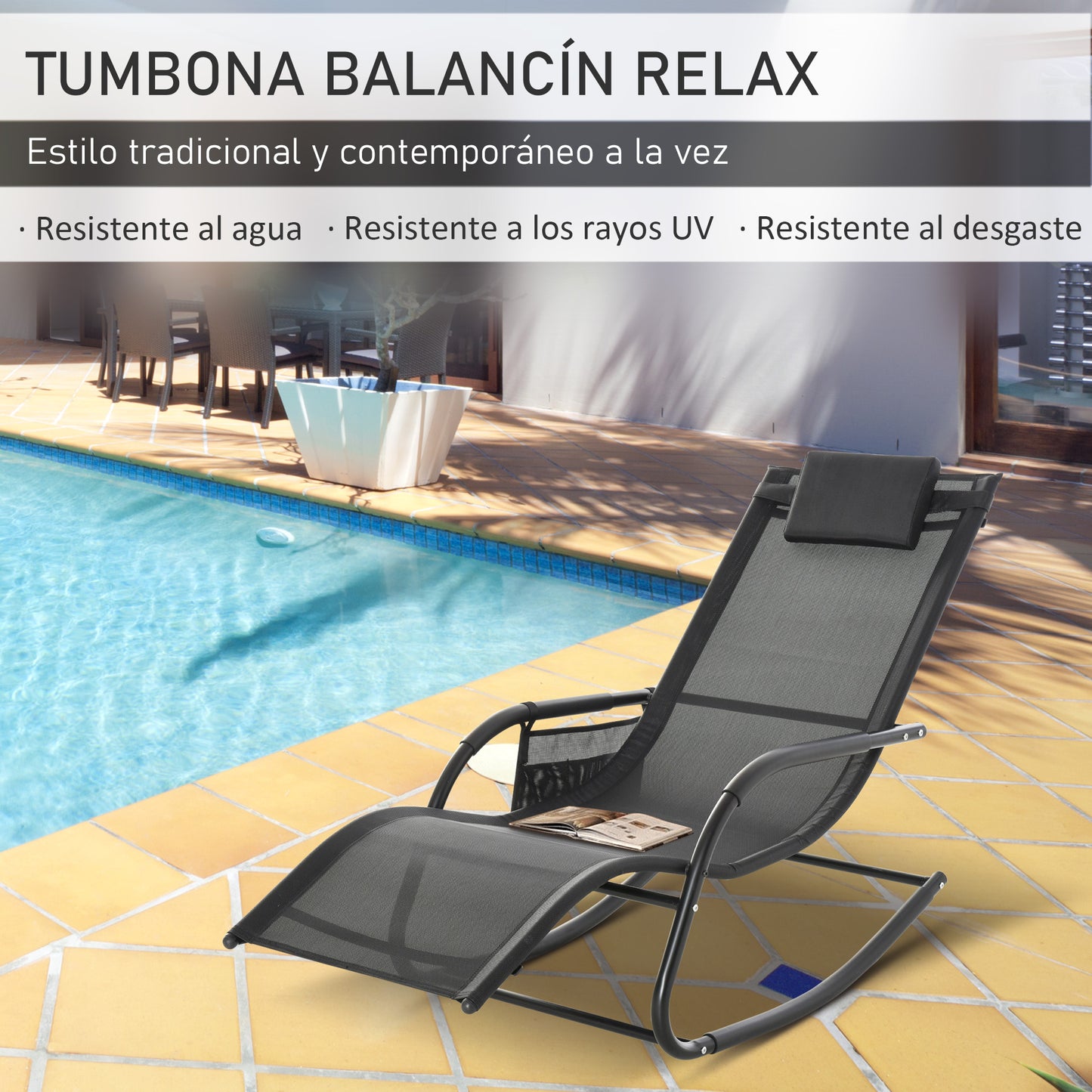 Outsunny Mecedora De Exterior Con Reposabrazos Y Bolsillo Lateral Negro_3