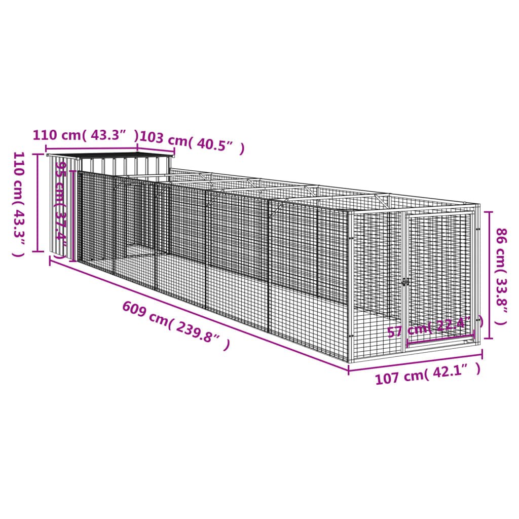 Vidaxl Caseta Perros Con Corral Acero Galvanizado Gris 110x609x110 Cm_2