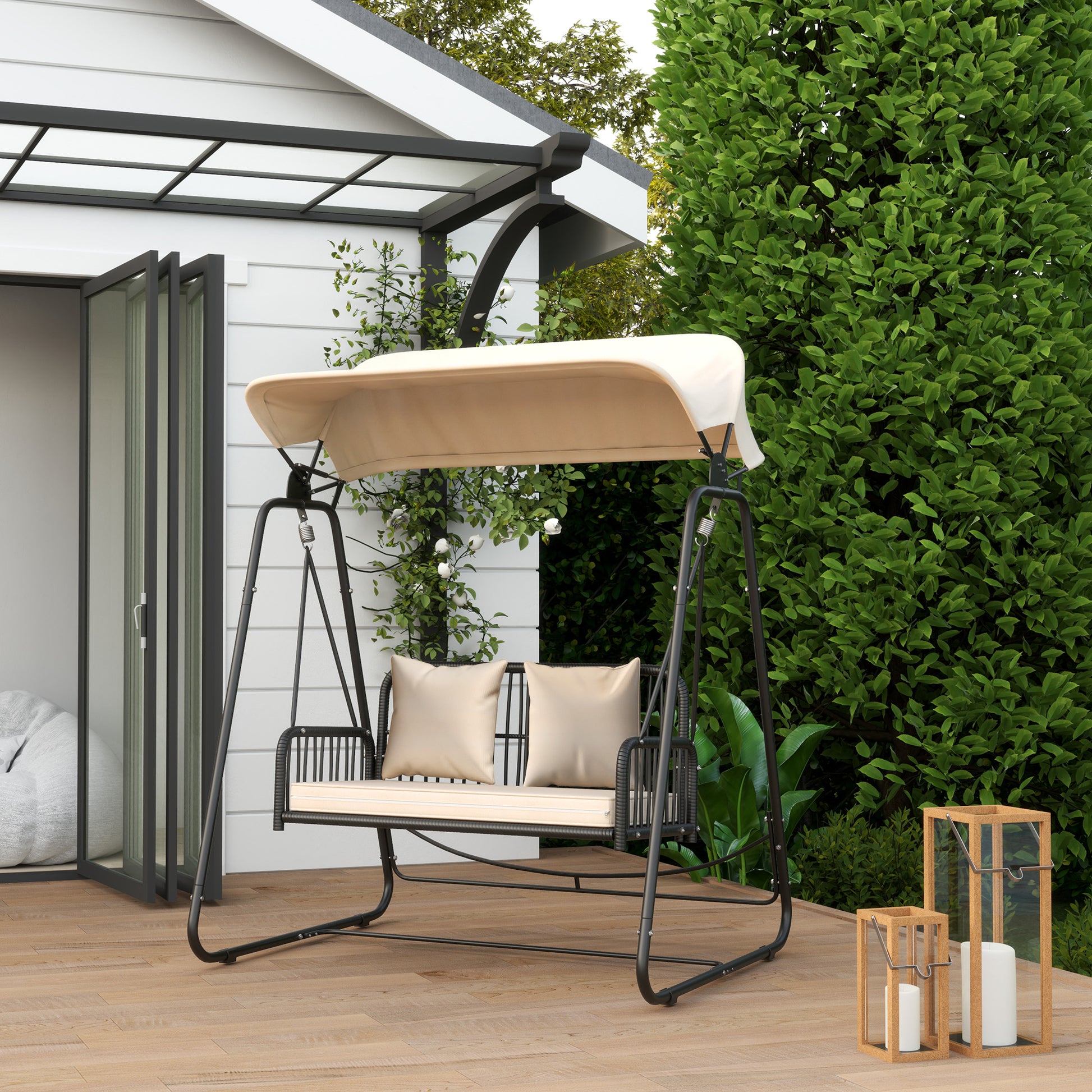 Outsunny Columpio De Jardín De 2 Plazas Con Toldo Retráctil Carga 240 Kg Caqui_1