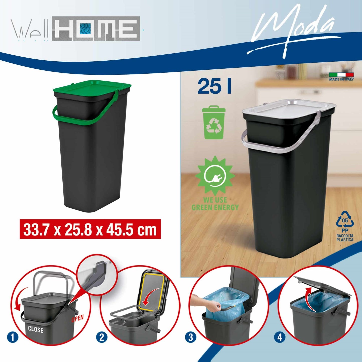 Set De 2 Papeleras moda 25l Con Asa Verde Y Negro