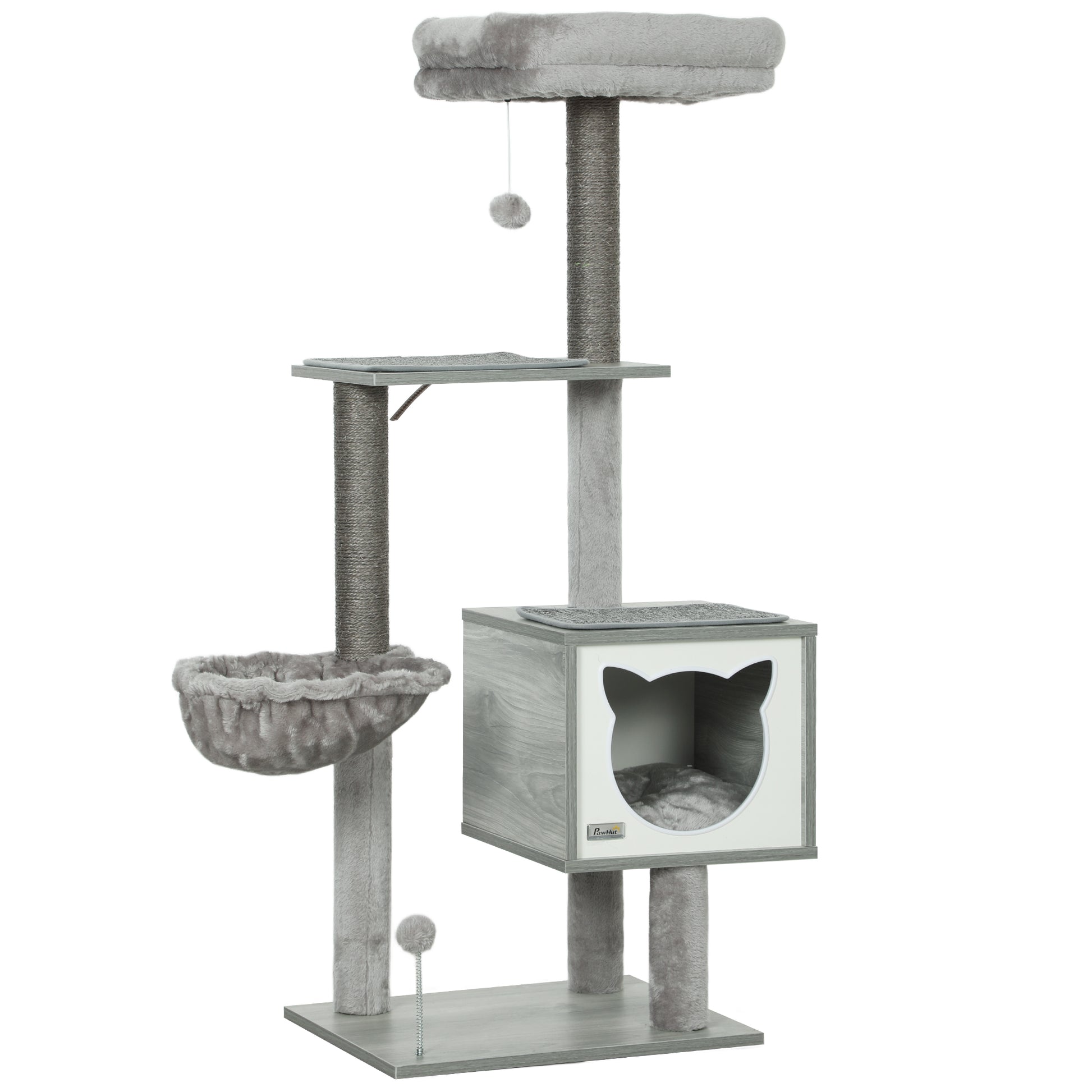 Pawhut Árbol Rascador Para Gatos 126 Cm Con Plataforma Hamaca Caseta Gris_0