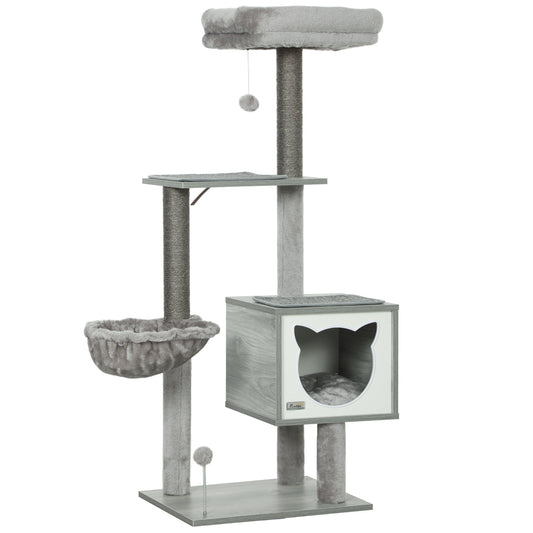 Pawhut Árbol Rascador Para Gatos 126 Cm Con Plataforma Hamaca Caseta Gris_0