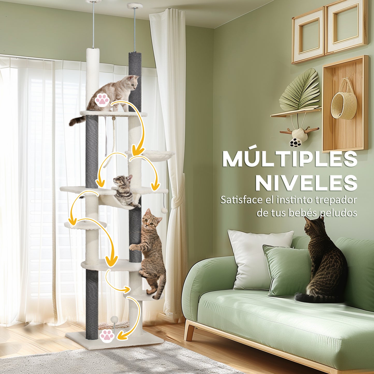 Pawhut Árbol Para Gatos De Suelo A Techo Con Altura Ajustable 225-255 Cm Crema_5