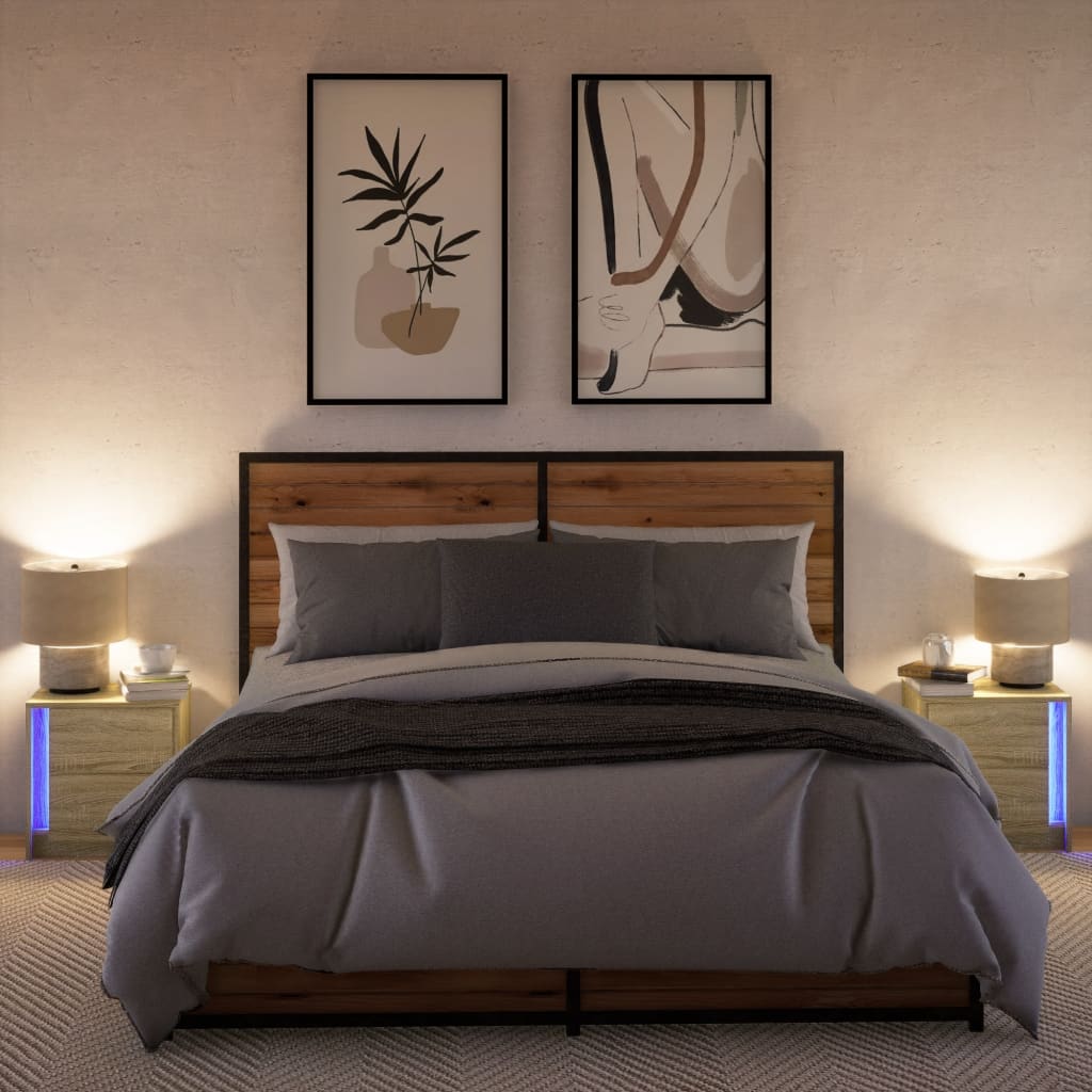 Mesitas De Noche Luces Led 2 Uds Madera Ingeniería Roble Sonoma_3
