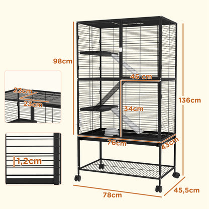 Pawhut Jaula Para Animales Pequeños De 4 Niveles Con Ruedas 78x45,5x136 Cm Negro_2