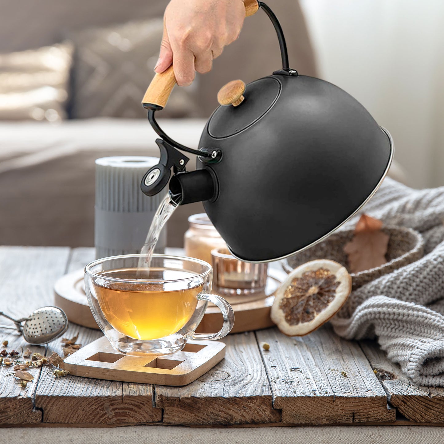 Tetera Con Silbato, Hervidor De Agua 2,5l, Inducción, Acero Inox, Vintage, Mango Madera, Briebe, Wooden, Negro