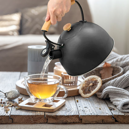Tetera Con Silbato, Hervidor De Agua 2,5l, Inducción, Acero Inox, Vintage, Mango Madera, Briebe, Wooden, Negro