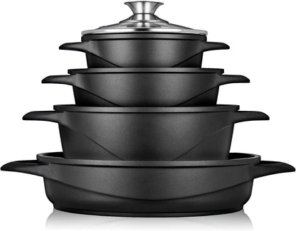 Briebe Batería De Cocina Inducción 8 Piezas Aluminio Fundido 4 Ollas Con Tapa De Cristal Antiadherente, Mgk-17, Negro_0