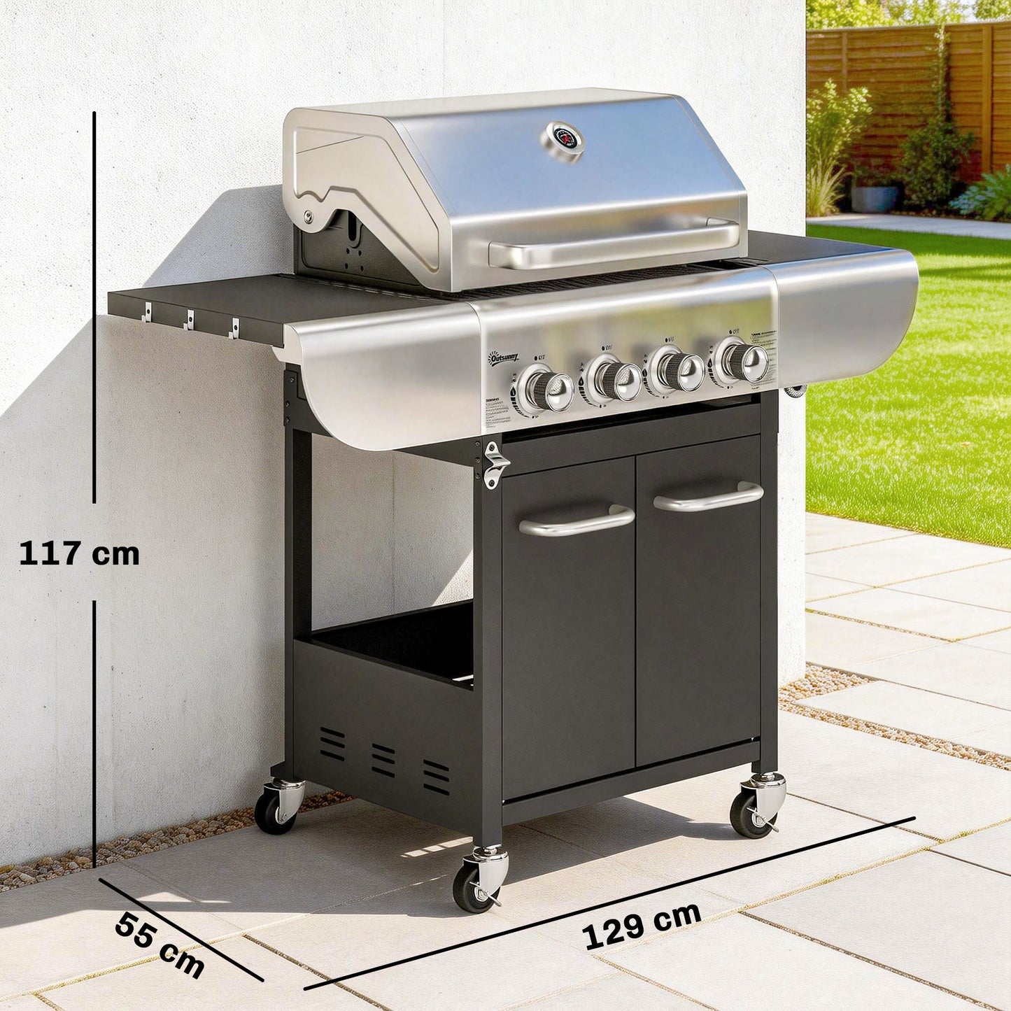 Outsunny Barbacoa De Gas Con 4 Quemadores 12,8 Kw Termómetro Mesas Laterales_2