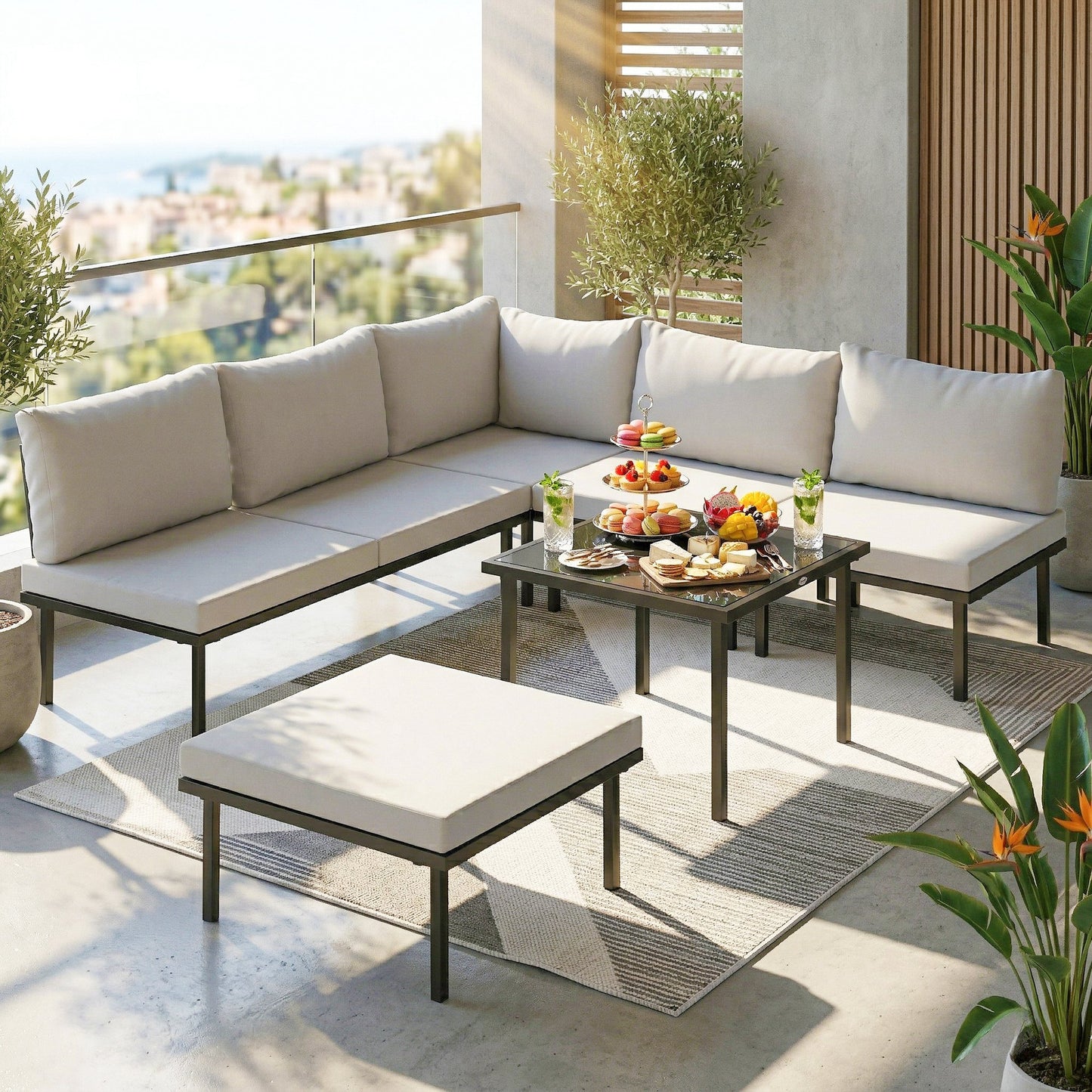 Outsunny Conjunto De Jardín Exterior 6 Piezas En Forma De L Cojines Gris Claro_1