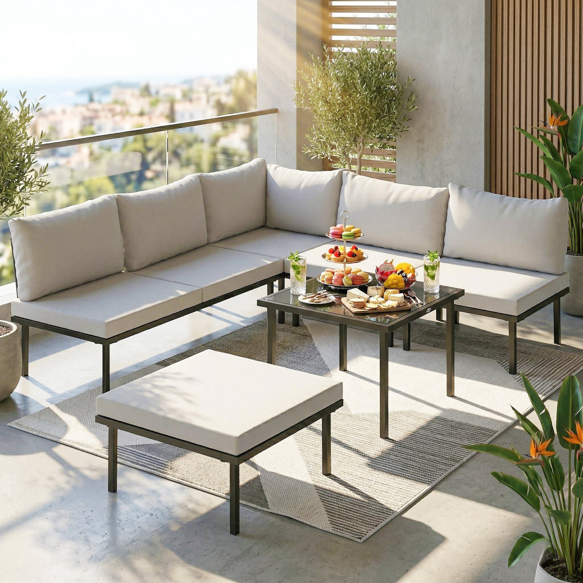 Outsunny Conjunto De Jardín Exterior 6 Piezas En Forma De L Cojines Gris Claro_1