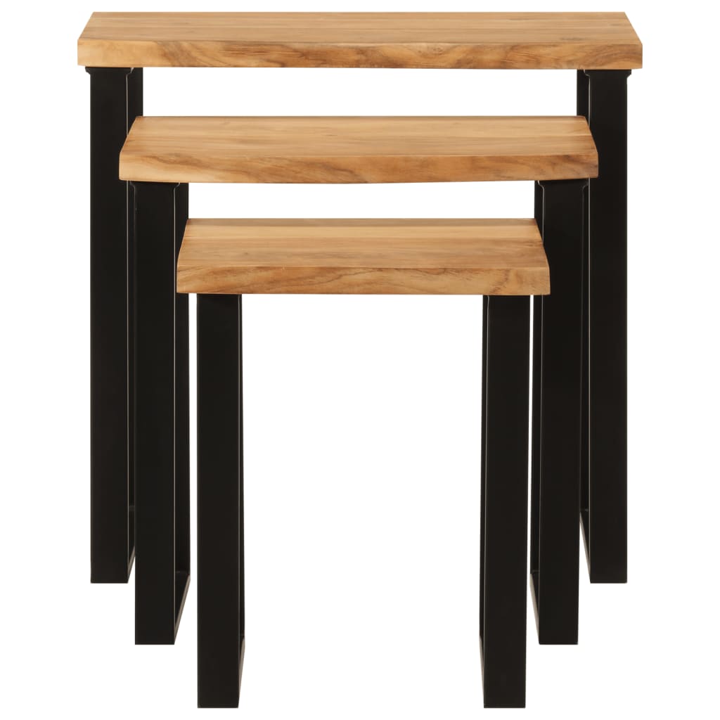 Set De 3 Mesas Apilables Con Borde Natural Madera Acacia Maciza_1