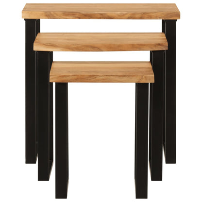 Set De 3 Mesas Apilables Con Borde Natural Madera Acacia Maciza_1