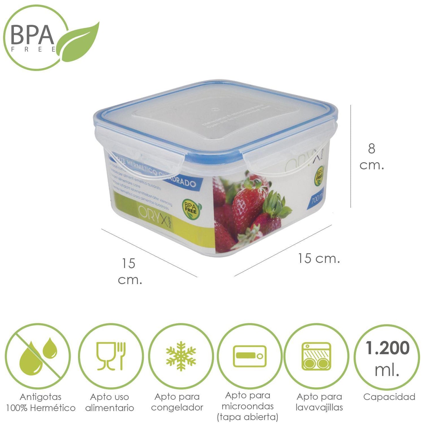 Recipiente Hermetico Plastico Cuadrado 1200 Ml.  15x15x8 (alt.) Cm.