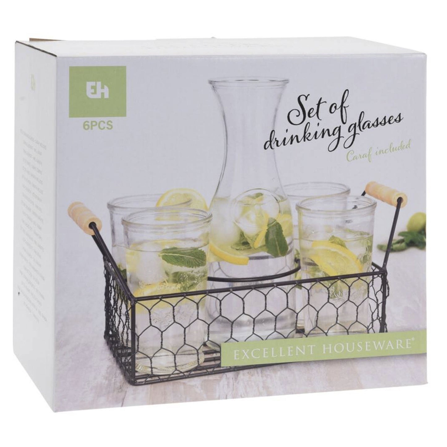 Well Home Juego De 4 Vasos De 450ml + Jarra De 1l En Vidrio