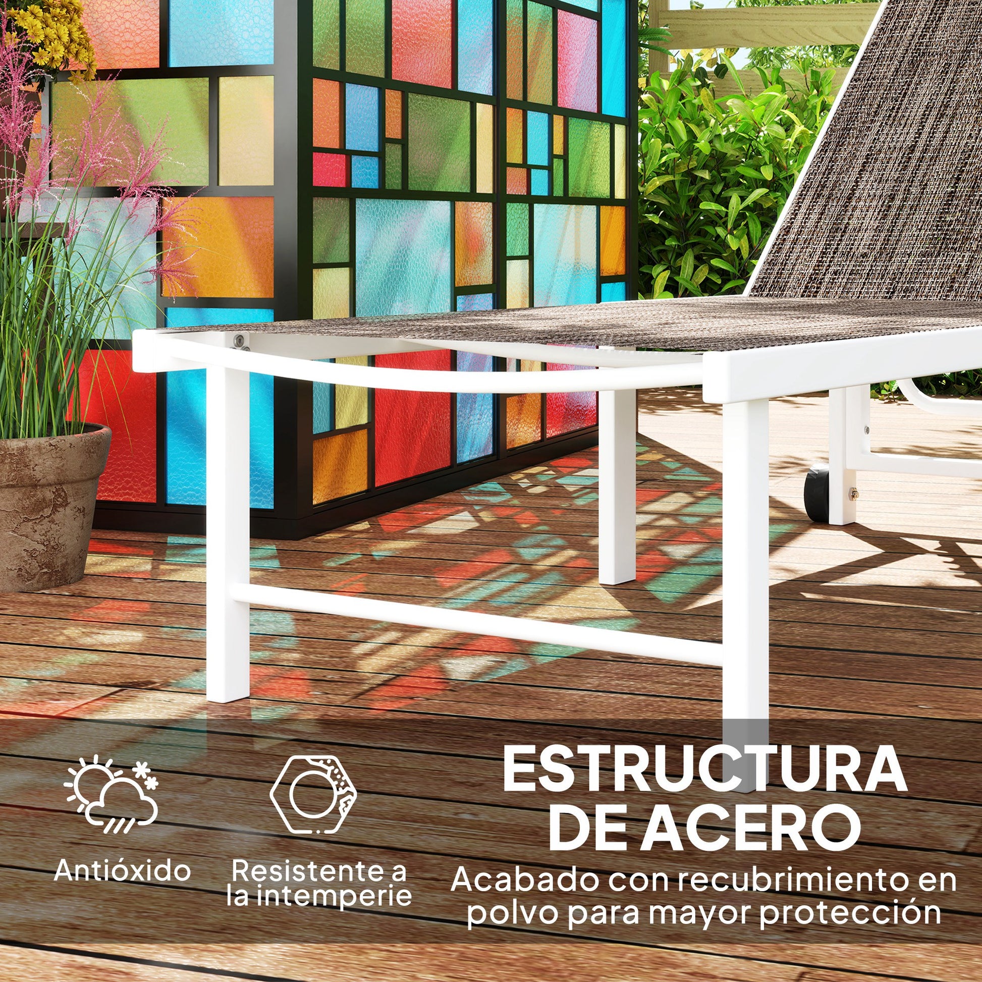 Outsunny Tumbona Jardín Exterior Con Ruedas Respaldo Ajustable 166x60x84 Cm_5