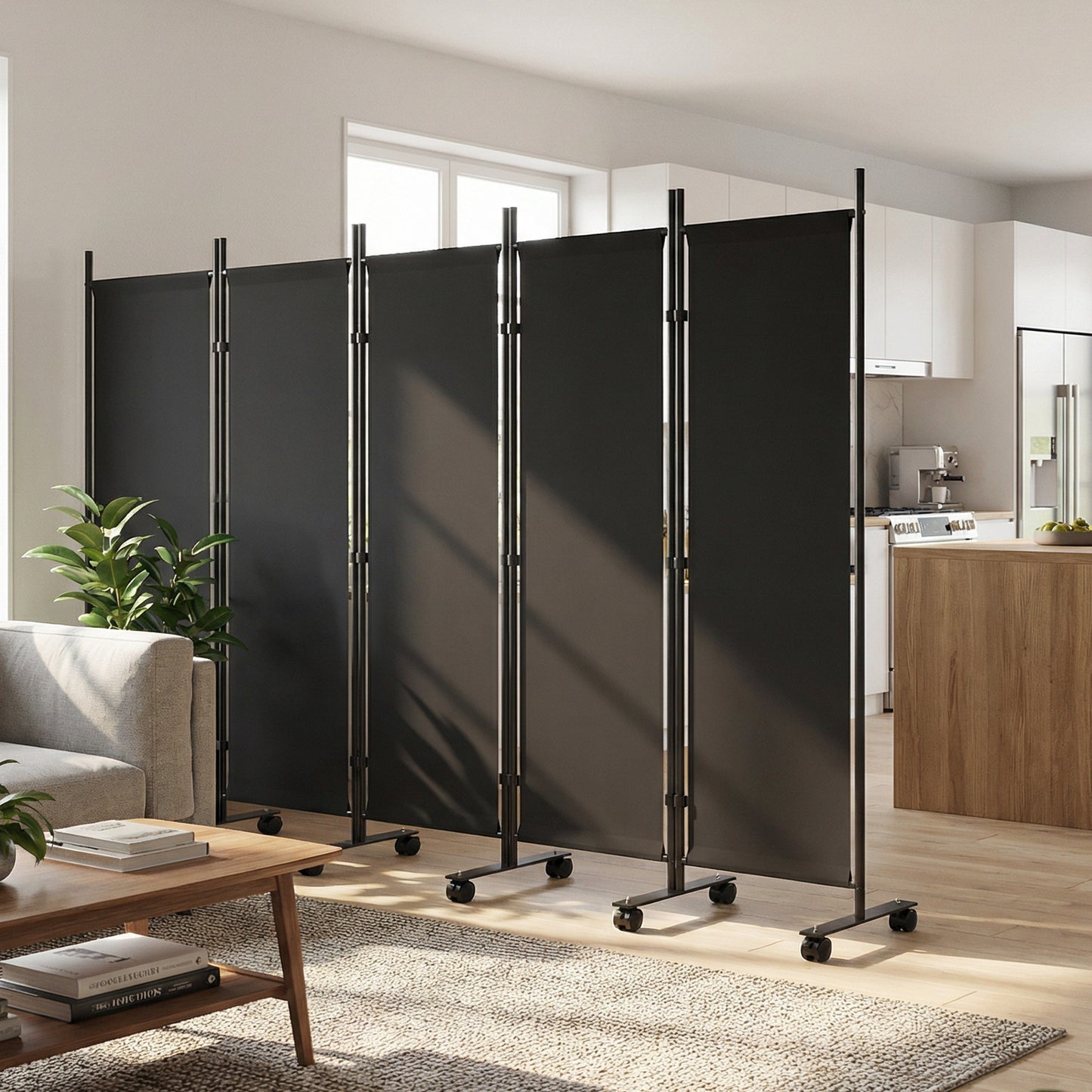 Outsunny Biombo Plegable De 5 Paneles Con 12 Ruedas 252x170 Cm Negro_3