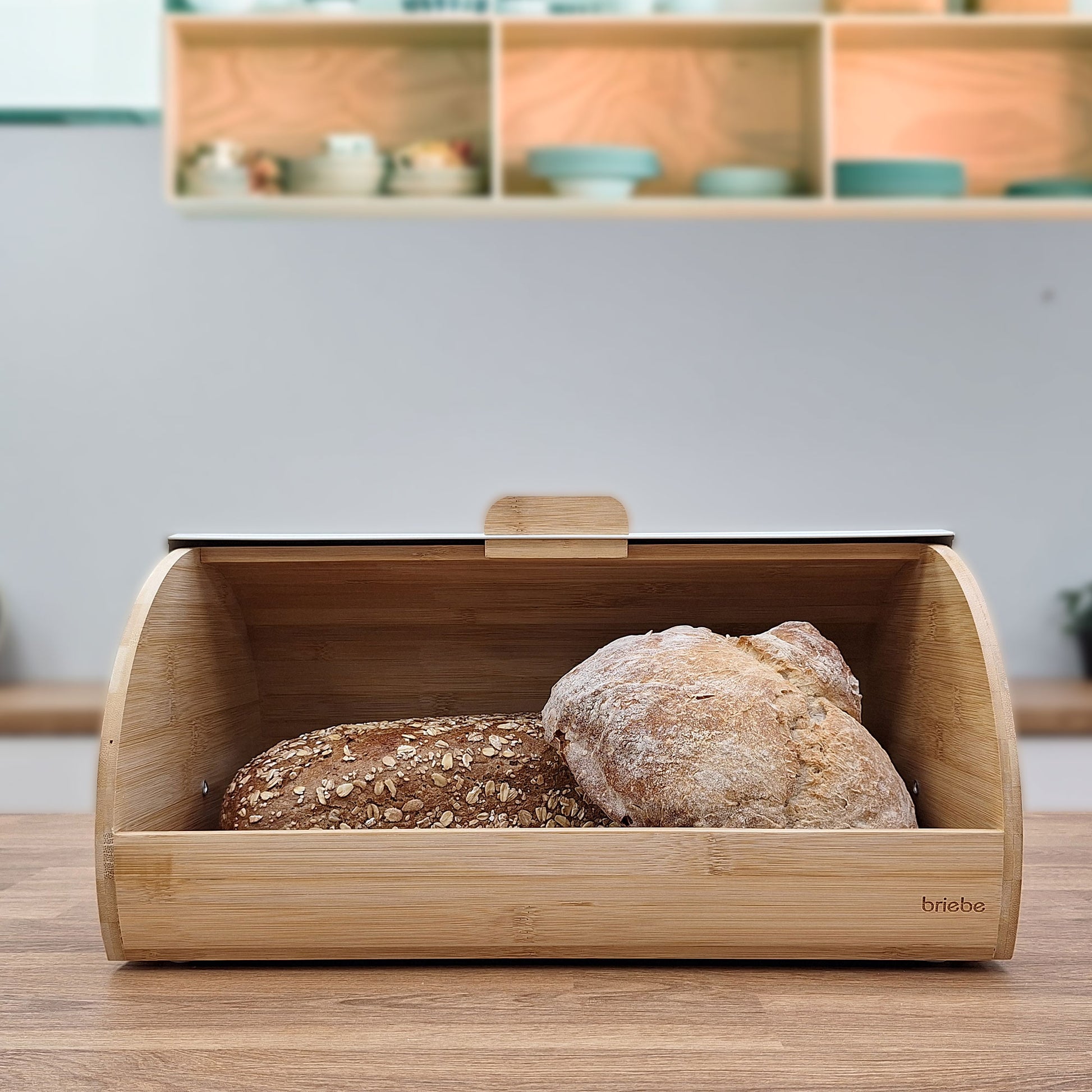 Panera Para Guardar Pan De Mesa Madera Bambú, Tapa Deslizante Bread Box Almacenamiento Bollería, Briebe, Bb1162, Blanco_4