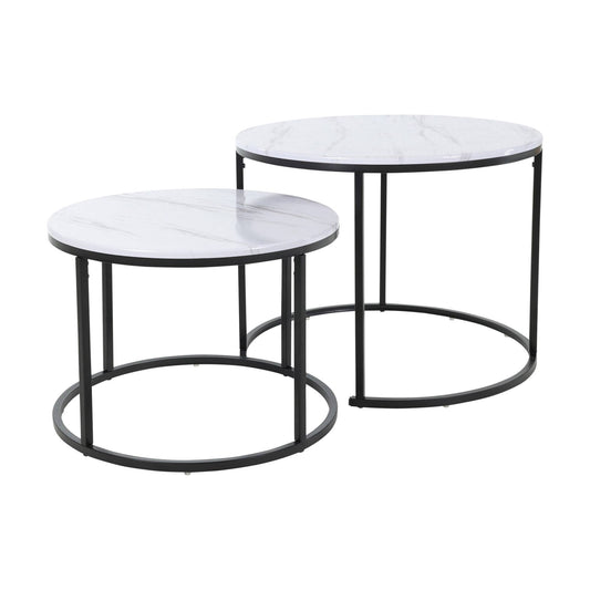 Juego 2 Mesas Auxiliares Metal Blanco Acabado Mármol Ø50 Y Ø60cm_0