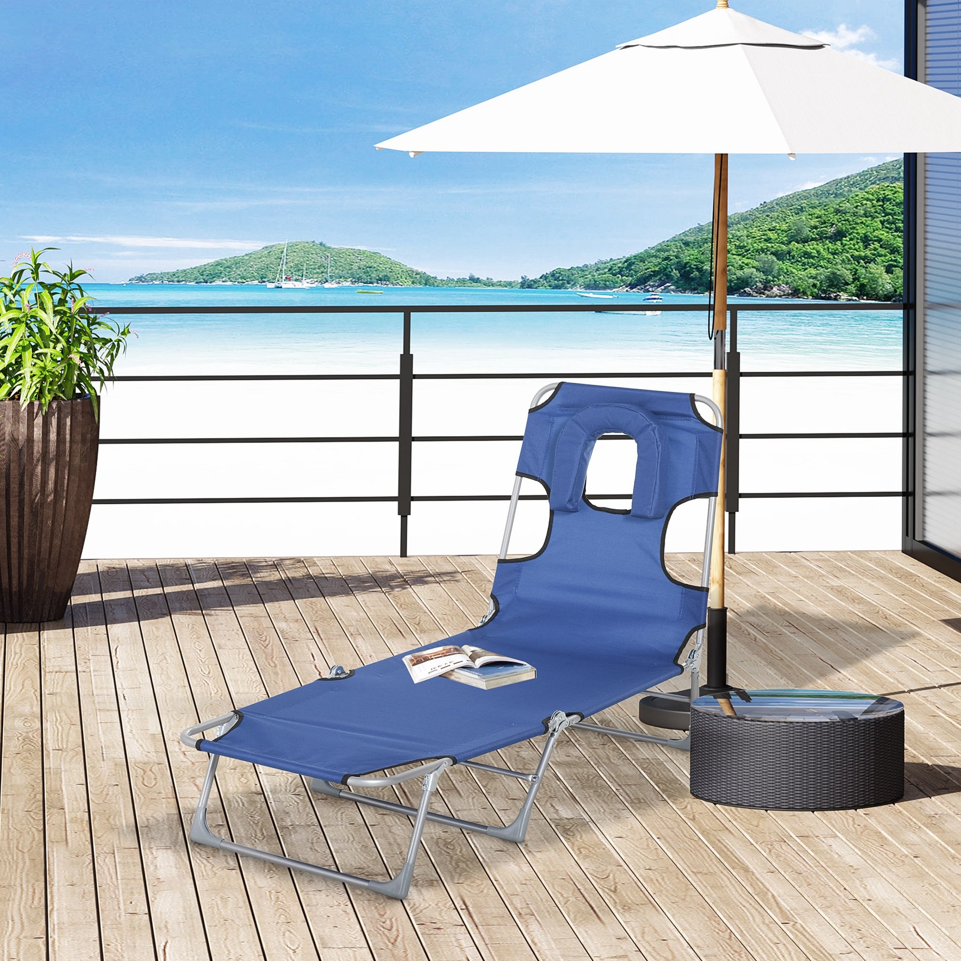 Outsunny Tumbona Reclinable Y Plegable De Jardín Con Respaldo Ajustable Azul_1