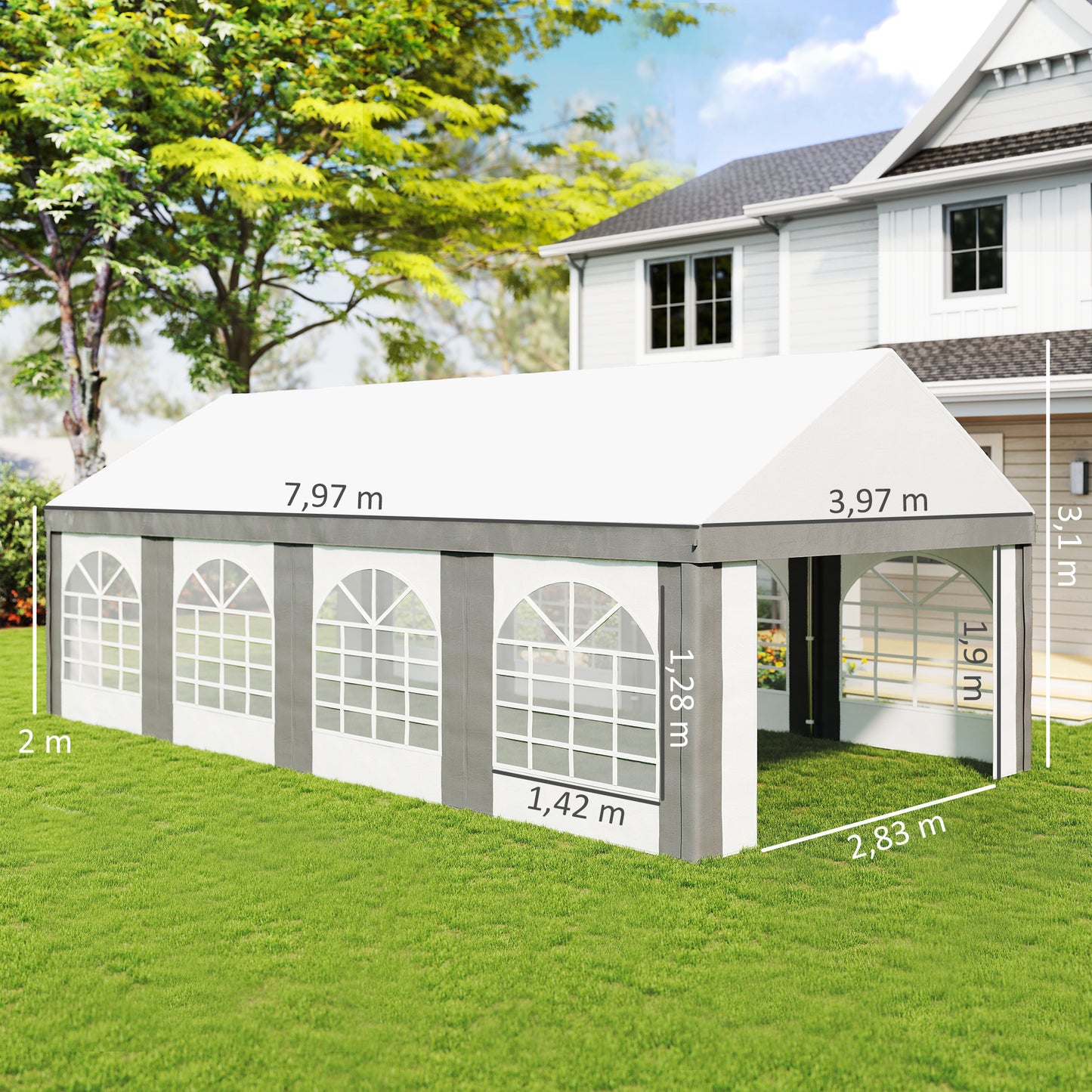Outsunny Carpa Para Fiesta 4x8 M Con Paredes Extraíbles Puertas Y Ventanas Gris_2