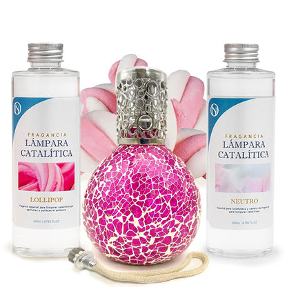 Pack Ahorro Lámpara Catalítica Mosaico Fucsia + Fragancia Lollipop 200ml + Limpiador Neutro 200ml + Mecha Repuesto_0