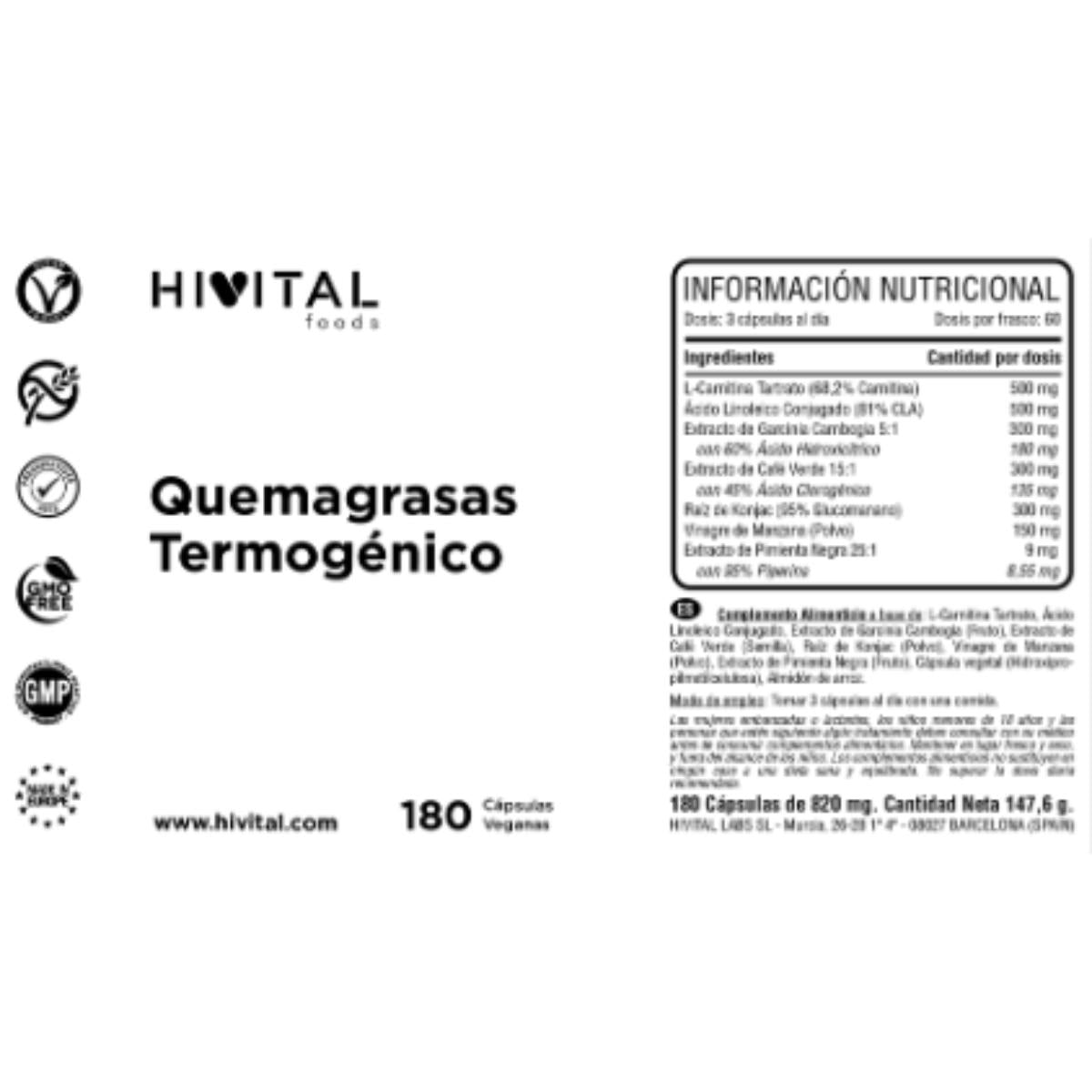 Termogénico fat burner quema grasas 180 cápsulas veganas Hivital