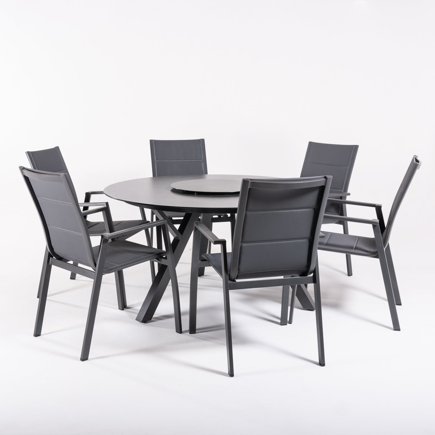 Conjunto De Mesas Y Sillas De Jardín, Redonda 135 Cm De Cristal Templado, Color Antracita + 6 Sillones De Acolchados_2