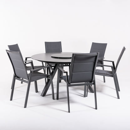 Conjunto De Mesas Y Sillas De Jardín, Redonda 135 Cm De Cristal Templado, Color Antracita + 6 Sillones De Acolchados_2