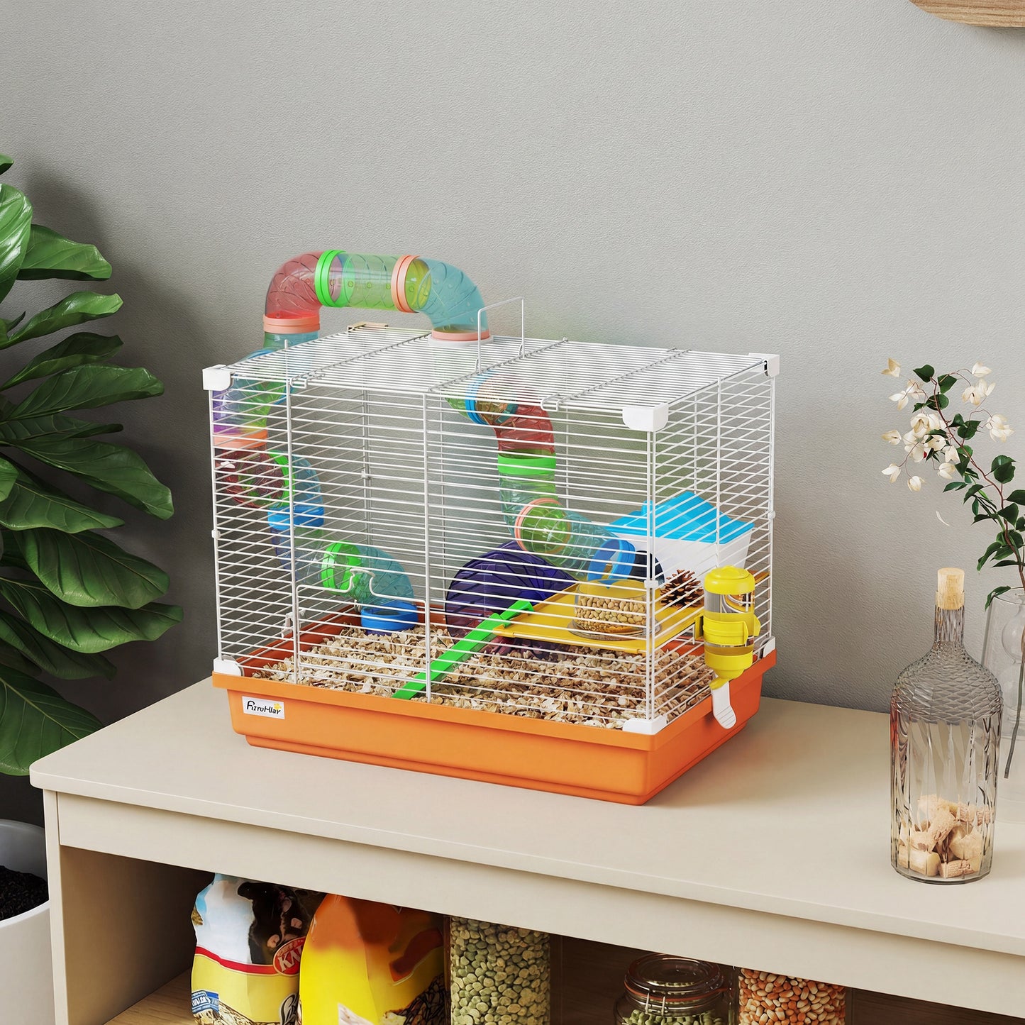 Pawhut Jaula Para Hámster Con Túnel Cuenco Bebedero Casita Rampa Naranja_1