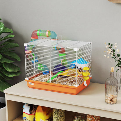 Pawhut Jaula Para Hámster Con Túnel Cuenco Bebedero Casita Rampa Naranja_1