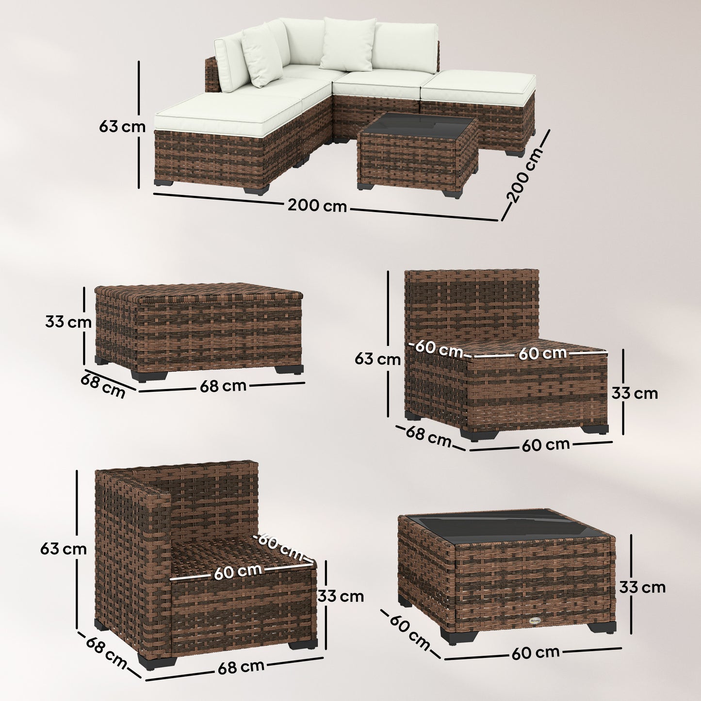 Outsunny Conjunto Muebles Jardín Exterior De Ratán 6 Piezas Cojines Marrón_2