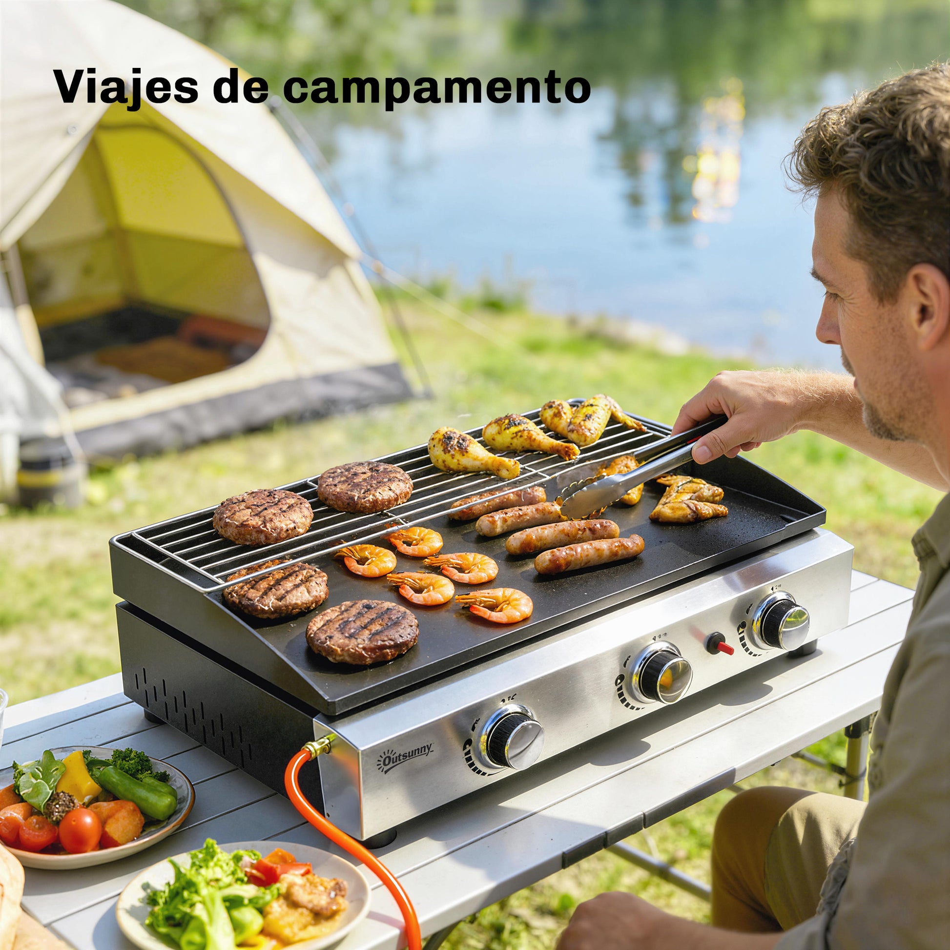 Outsunny Barbacoa De Gas Con 3 Quemadores 7,5 Kw Plancha Rejilla Calentadora_3