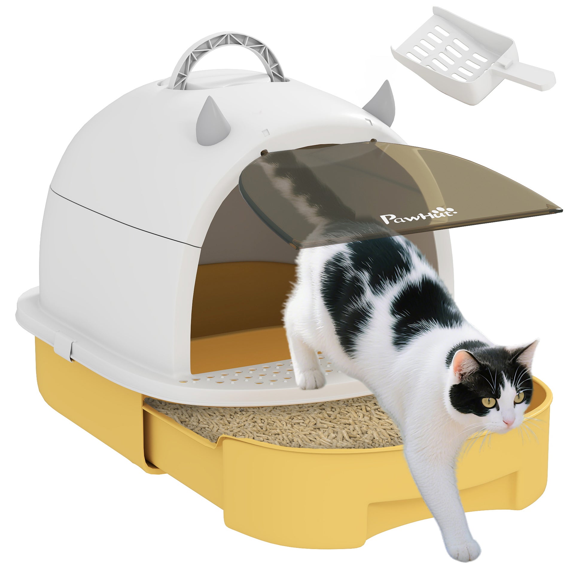 Pawhut Arenero Para Gatos Cubierto Con Bandeja Pala Y Asa Amarillo Y Blanco_0