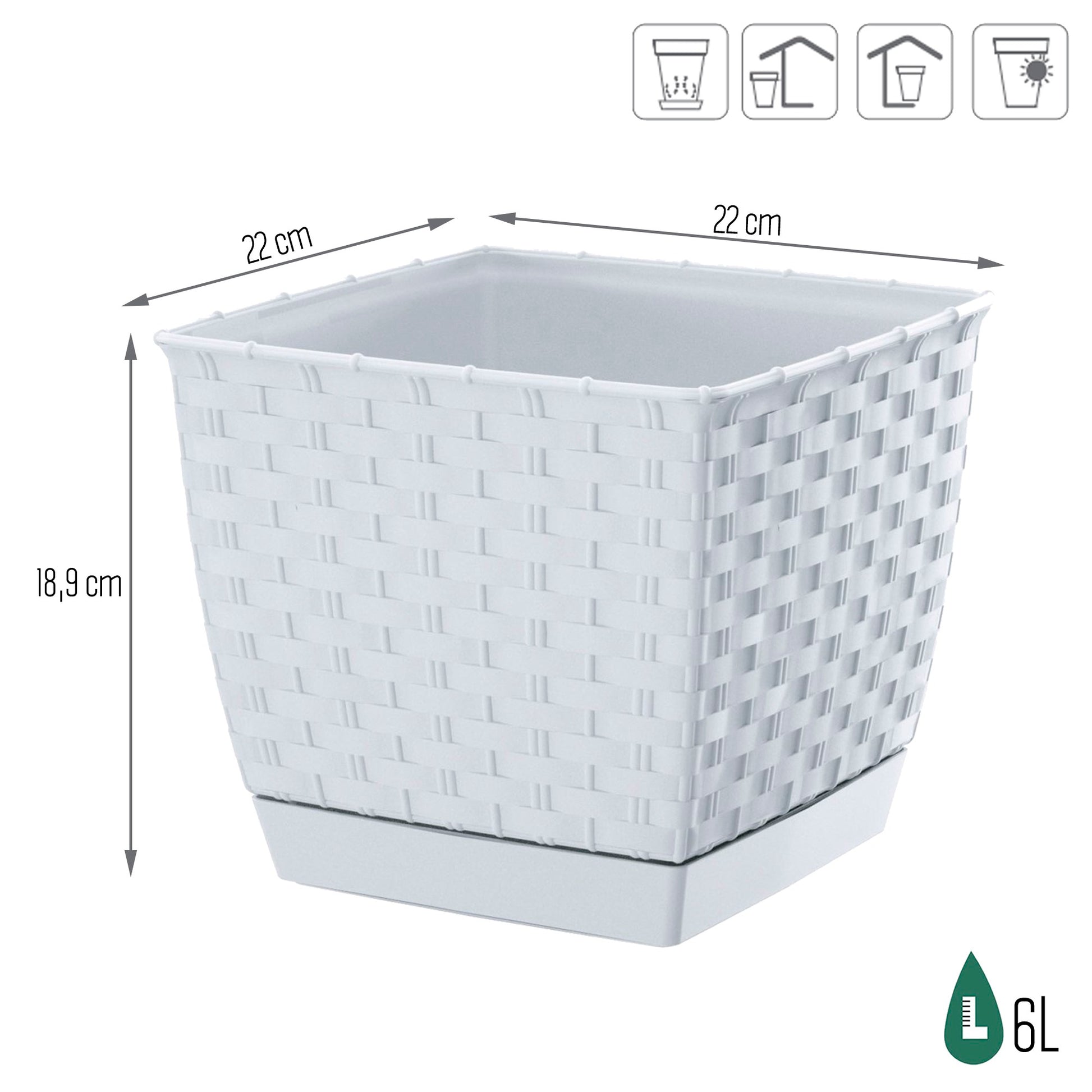 Maceta Ratolla Square 6l., Dimensiones (mm) 220x220x189, Color Blanco_2