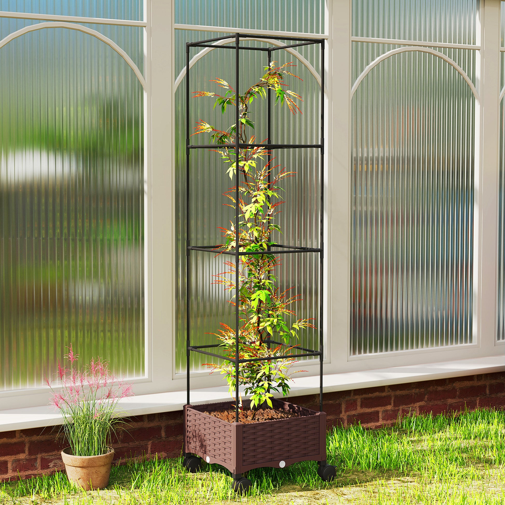 Outsunny Jardinera Con Enrejado Ruedas Para Cultivos Verduras 40x40x165 Cm_1