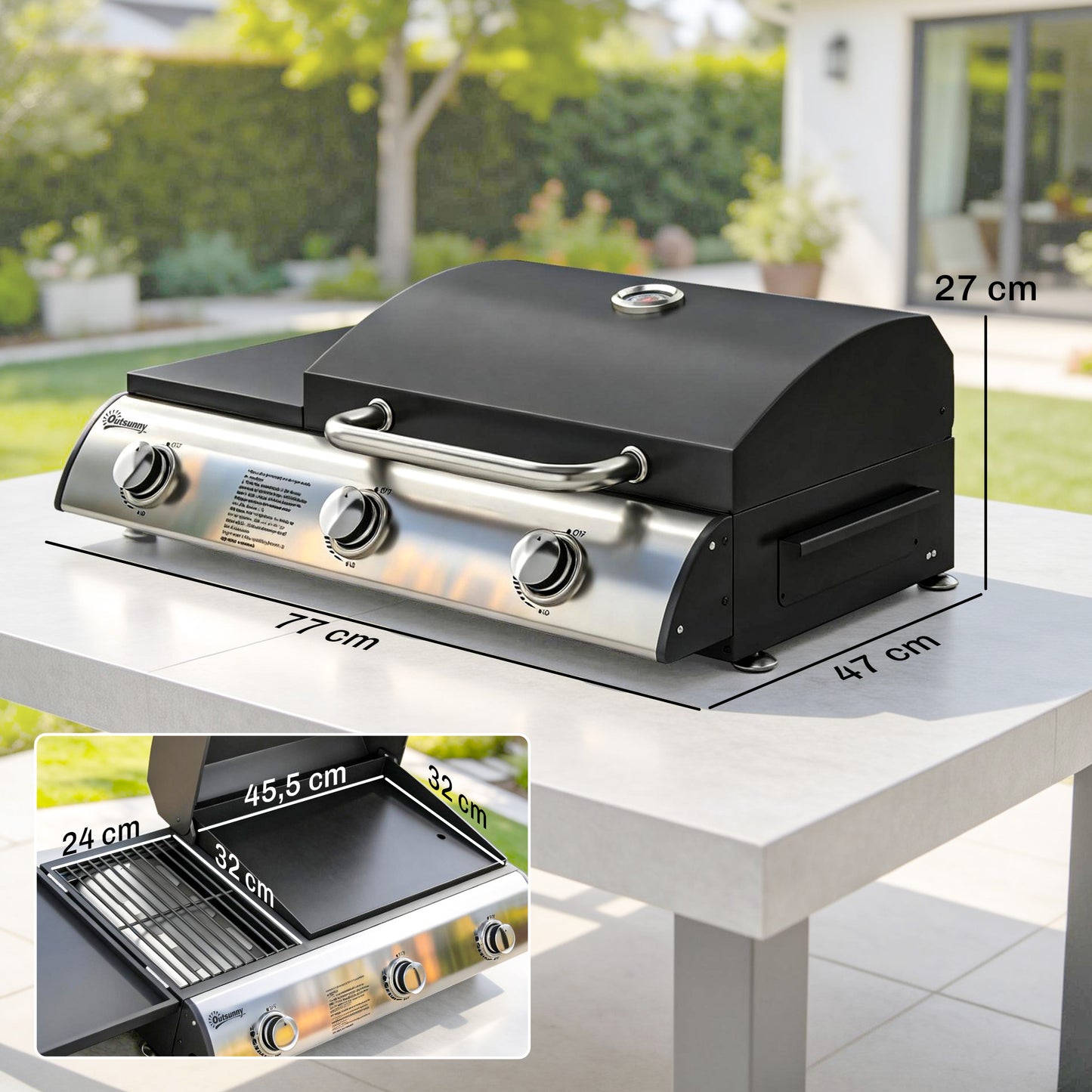 Outsunny Barbacoa De Gas Bbq Gas Con 3 Quemadores 7,5 Kw Con Plancha Negro_2