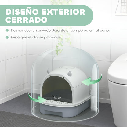 Pawhut Arenero Para Gatos Cubierto Con Bandeja Pala Y Asa Superior Blanco Y Gris_3