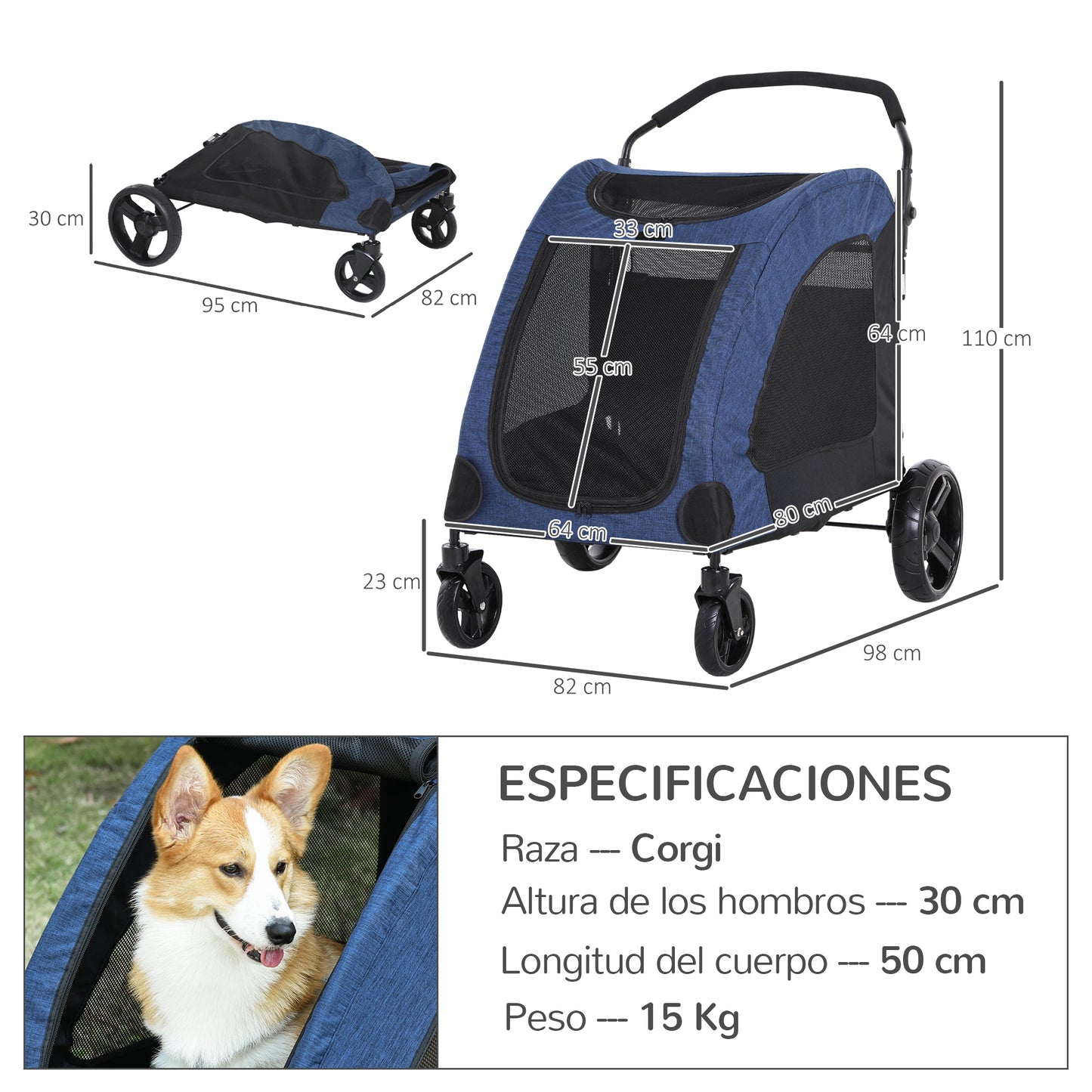 Pawhut Cochecito Para Mascotas Buena Ventilación Cojín Extraíble 98x82x110 Cm_2