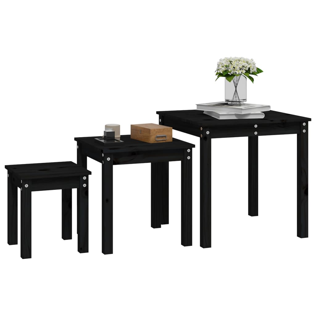 Mesas Apilables 3 Piezas Madera Maciza De Pino Negro_2