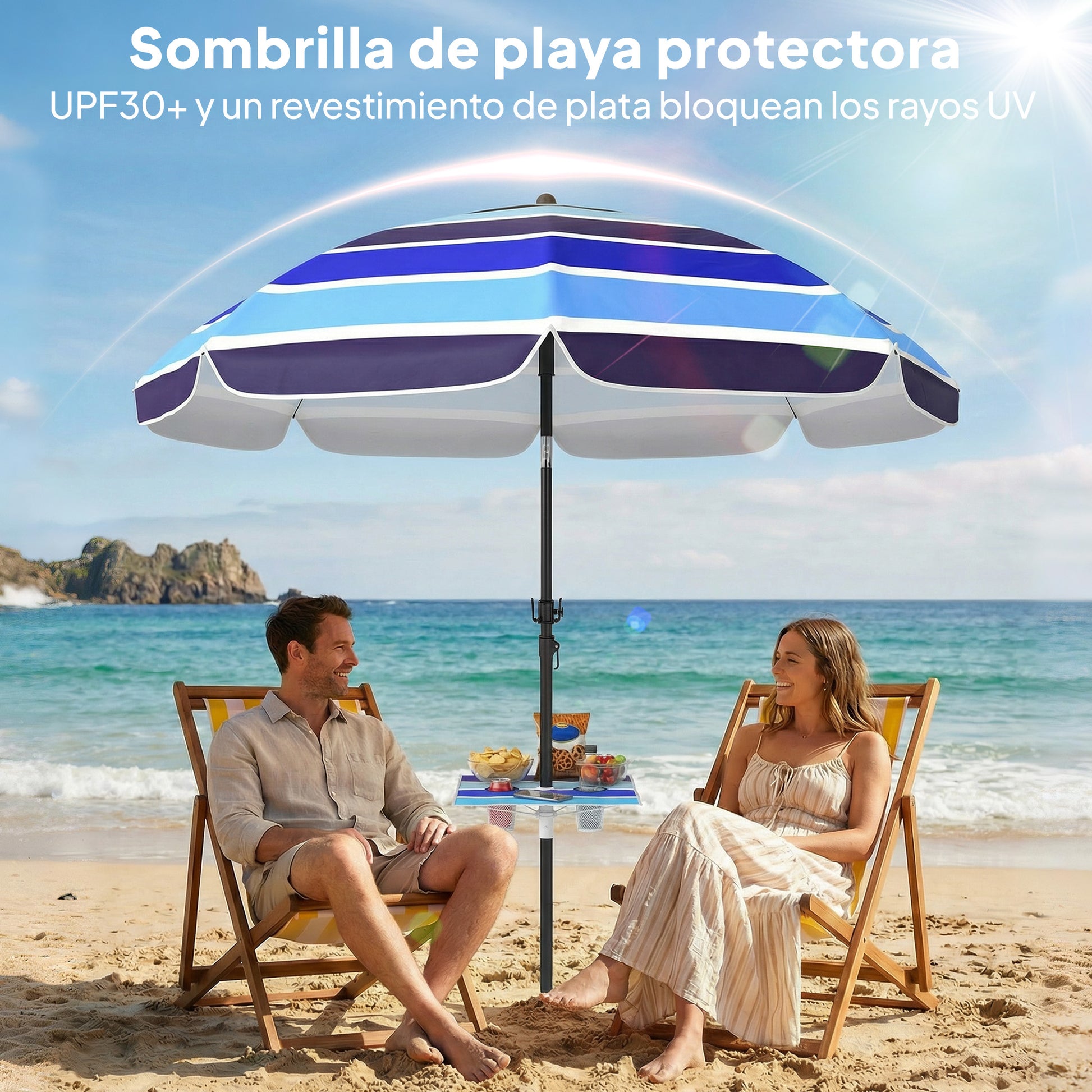 Outsunny Sombrilla De Playa Con Mesa Plegable Y Portavasos Ø198 Cm Inclinación_5