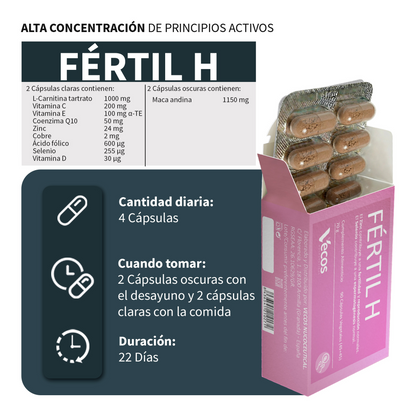 Fértil H VECOS (45+45 cápsulas) | Estimulación de Fertilidad masculina | Zinc + Selenio | Maca andina + L-Carnitina_2